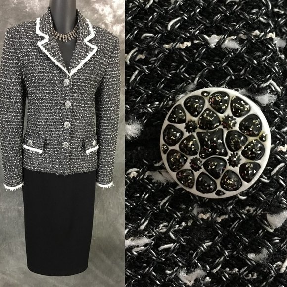 St John collection jacket knit black white suit blazer size 2